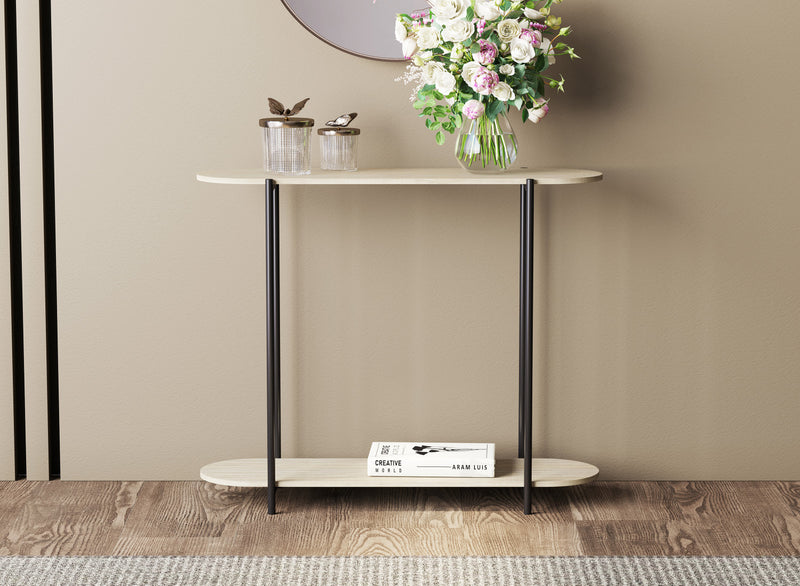 Console de 32 po de forme ovale avec 1 tablette de rangement - apparence de bois naturel avec métal noir