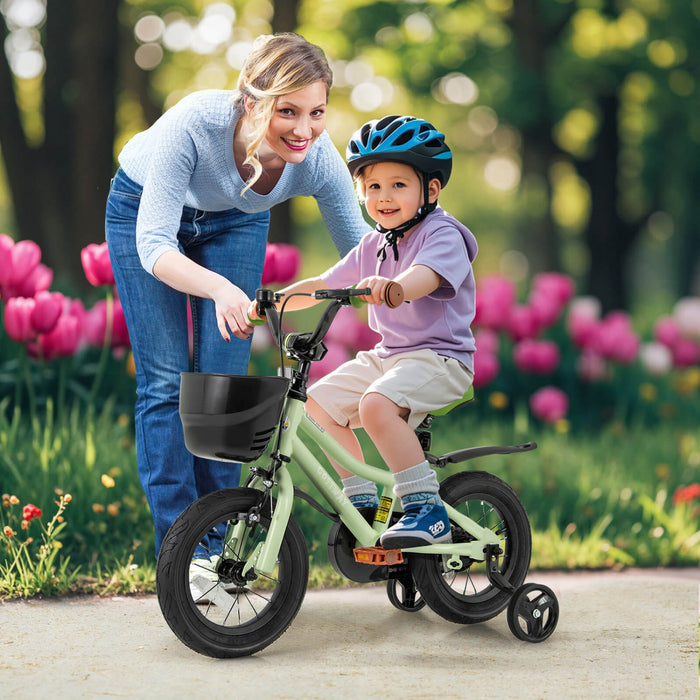 Costway 12\" Velo Pour Enfants Avec Roues D'entrainement Guidon Reglable Et Frein A Main Du Siege Vert
