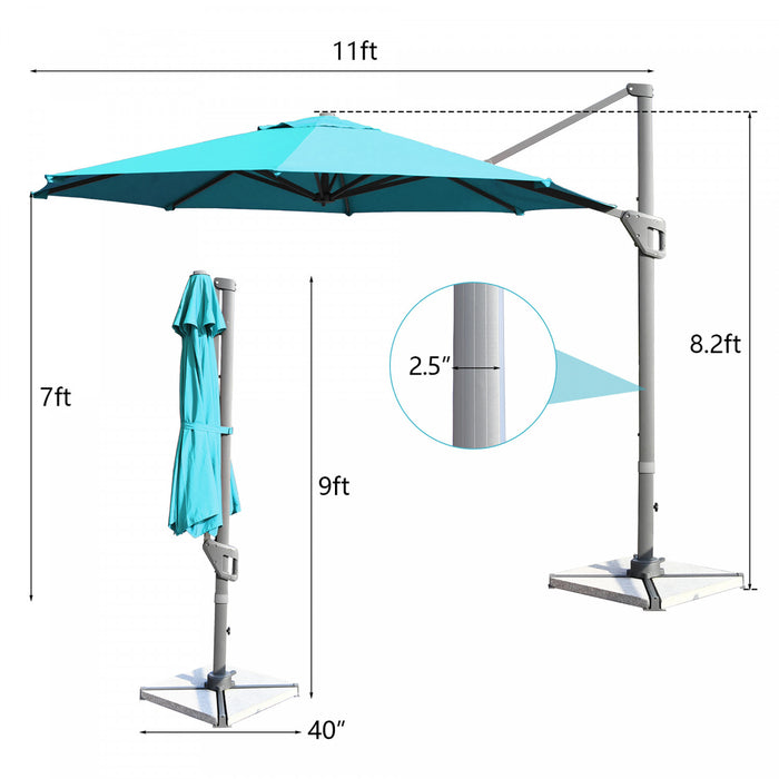 Costway Parasol deporte 11ft pour terrasse a rotation cantilever, aluminium, inclinable, base croisee, turquoise
