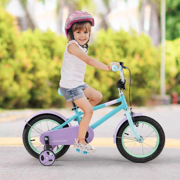 Costway 14\" Velo Pour Enfants Avec Guidon Reglable De Selle Roues D'entrainement Amovibles Frein A Main Bleu