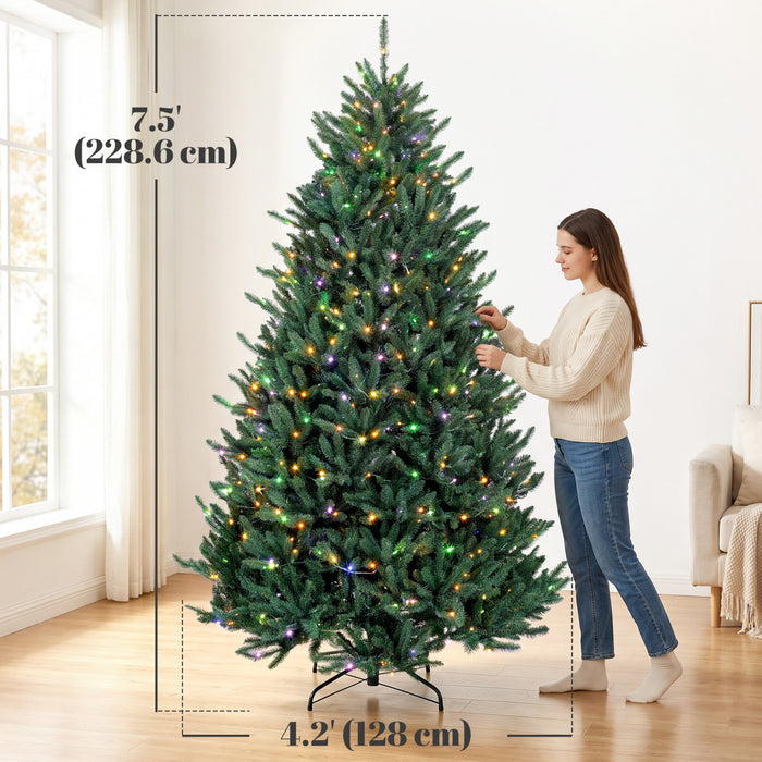 HOMCOM Sapin de Noel pre-eclaire 225 cm, Easy Plug, eclairage bicolore, a charnieres