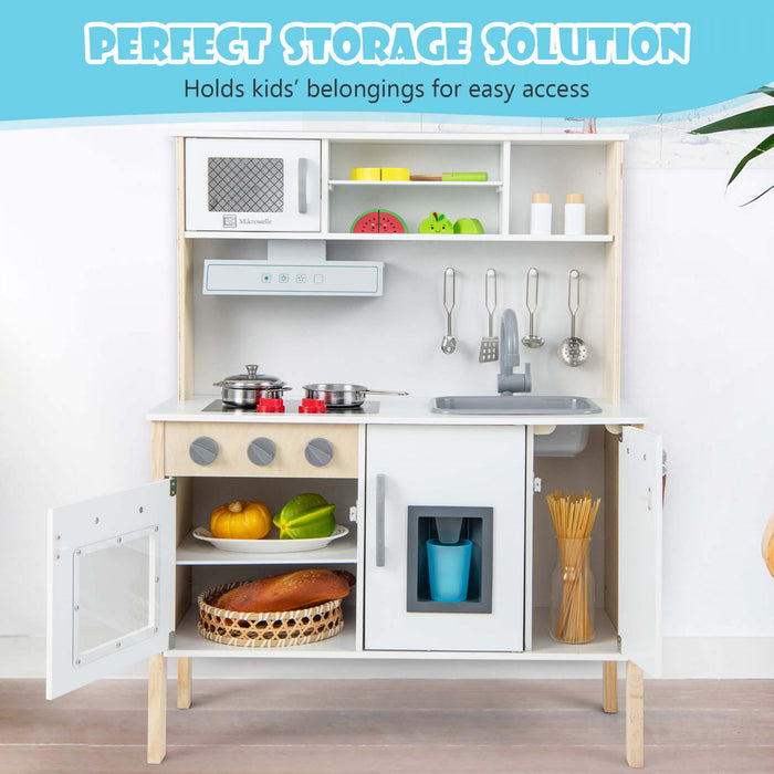 Cuisine En Bois Pour Enfants, Ensemble De Jeu De Cuisine Pour Tout-petits Avec Micro-ondes, Hotte Aspirante, Plaques De Cuisson, Evier De Jeu, Four, Machine A Glacons Et Accessoires De Cuisine, Ensemble De Cuisine Pour Jouets Avec Sons Pour Garcons Et Filles De 3 A 6 Ans