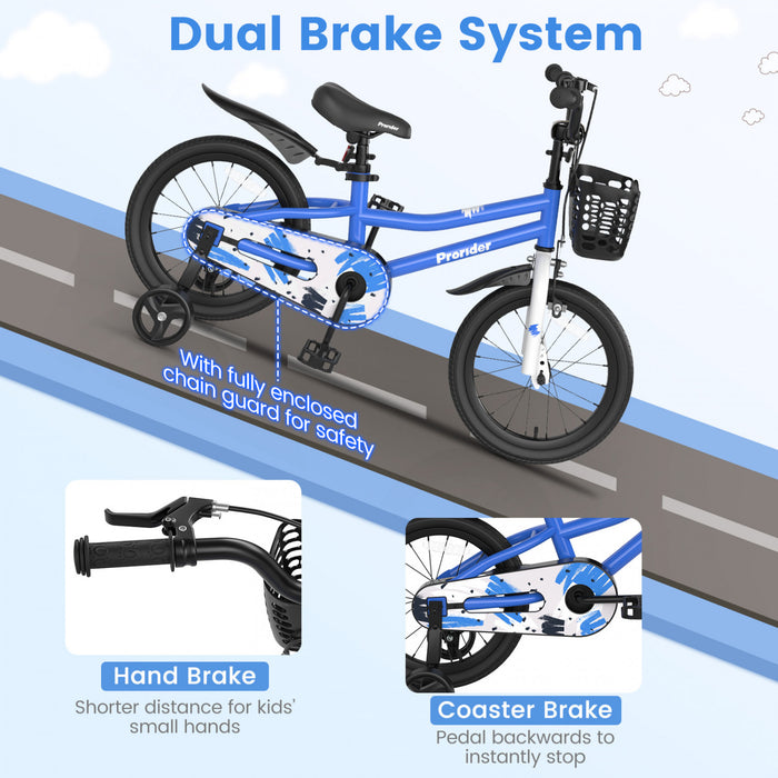 Velo Costway 16\" Pour Enfants Avec Roues D'entrainement Amovibles Et Panier Pour 4-7 Ans Bleu