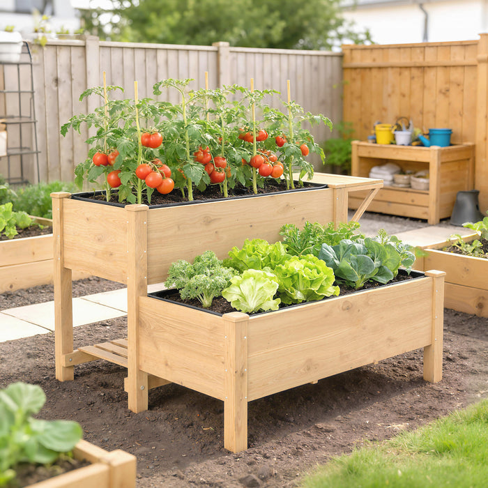 Outsunny Carre de Jardin sureleve en Bois, Bac de Plantation a 2 Niveaux avec Etagere