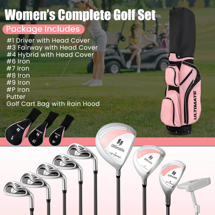 Ensemble De Clubs De Golf Pour Femmes, 3 Crosses De Golf En Bois, 5 Crosses De Golf En Fer, 1 Tige-poussoir Et 1 Sac De Balle, Grande Espace De Rangement Et Base Antiderapante