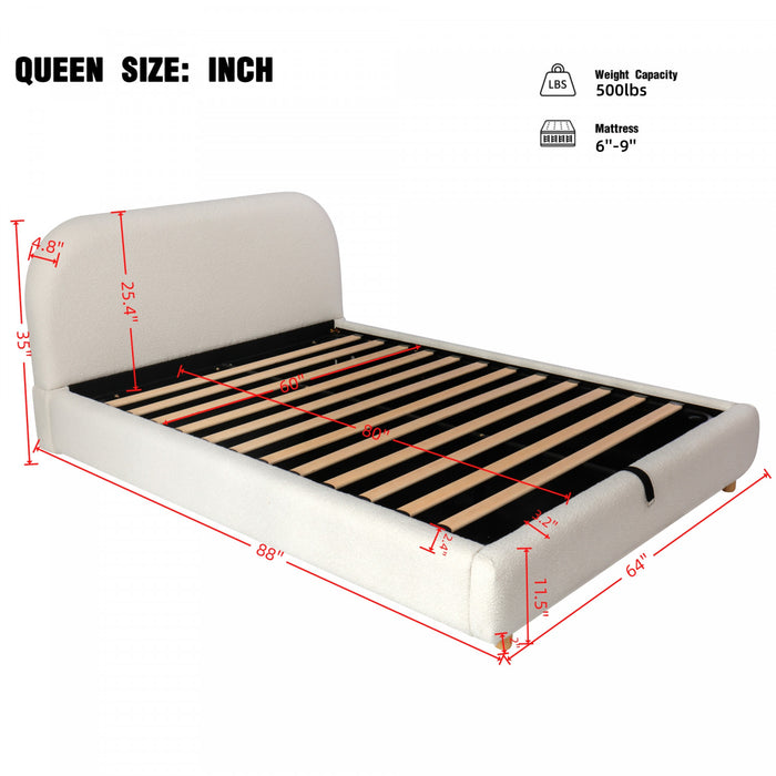 Lit plateforme Laurel avec coffre de rangement a levage hydraulique, tapisserie bouclee et espace de rangement cache sous le lit, taille Queen, blanc