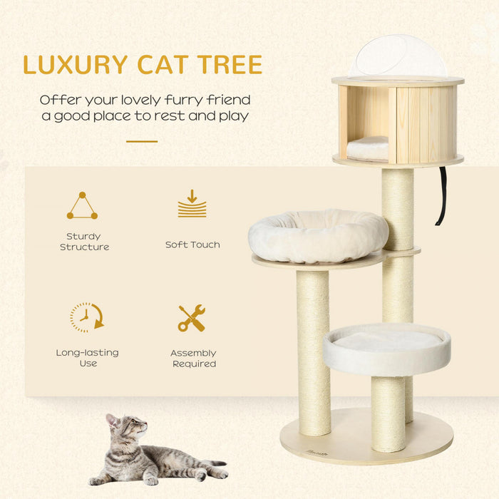 Pawhut 55 Cat Tree Kitty Centre D'activites Chat En Bois Escalade Jouet Pour Animaux De Compagnie Meubles Avec Chat Condo Coussins De Lit Sisal Griffoir, Naturel