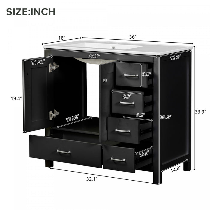 Meuble de salle de bain moderne Derek 36 pouces avec lavabo ceramique et rangement multiple, noir