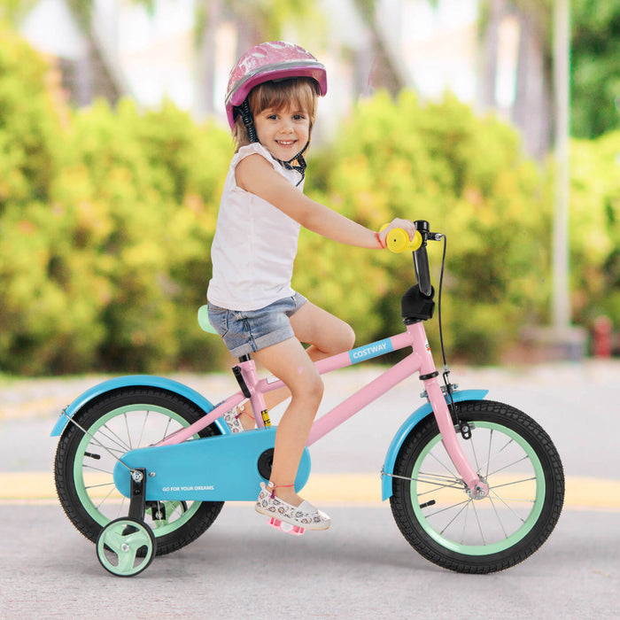 Costway 14\" Velo Pour Enfants Avec Guidon Reglable De Selle Roues D'entrainement Amovibles Frein A Main Rose