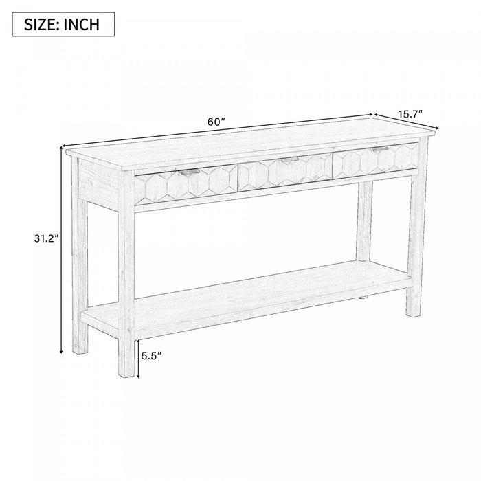 Table d'entree Oliver 60'' en placage de sapin avec design en nid d'abeille et tiroirs, naturel