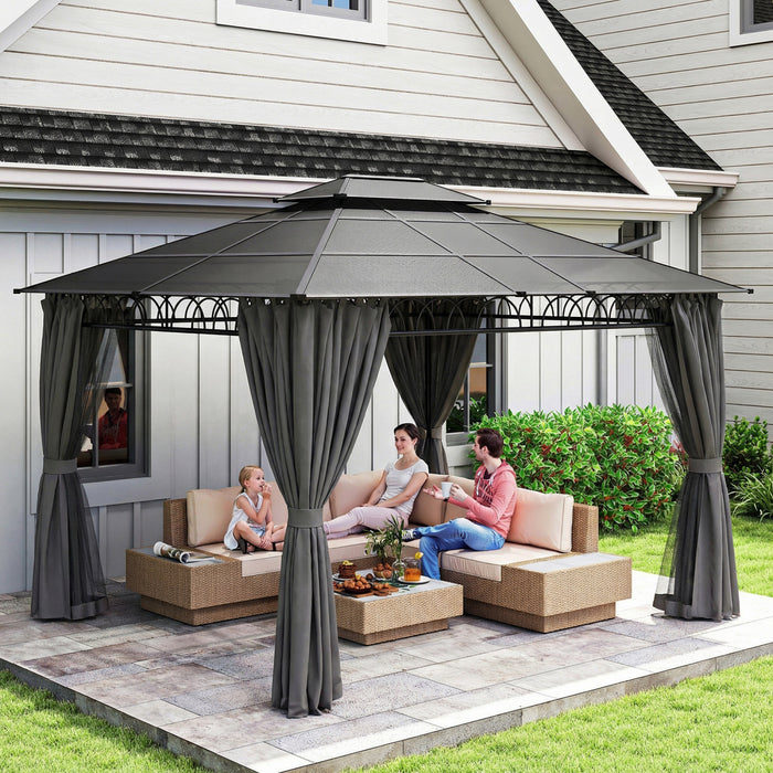 Outsunny Pavillon 3 x 3,6 m, Toit Rigide Double avec Rideaux, Noir