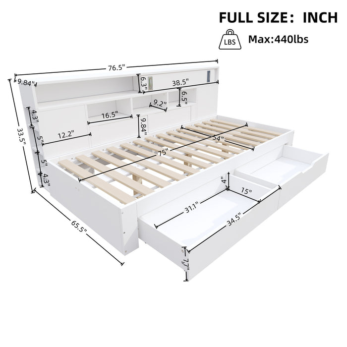 Banquette-lit Liam avec tiroirs de rangement et etageres integrees, taille full, blanc
