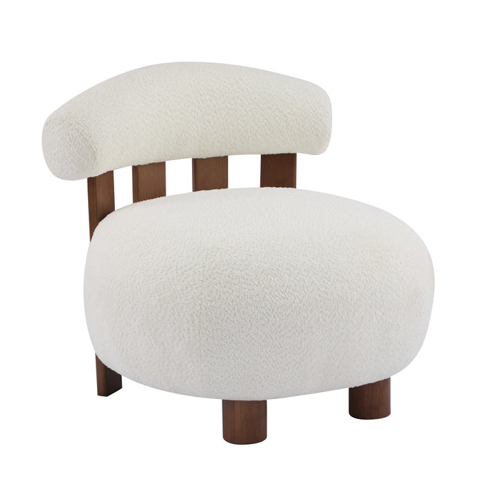 Nube Fauteuil d'Appoint Moderne en Bouclette a Dossier Courbe et Quatre Pieds, Blanc Casse, Noyer