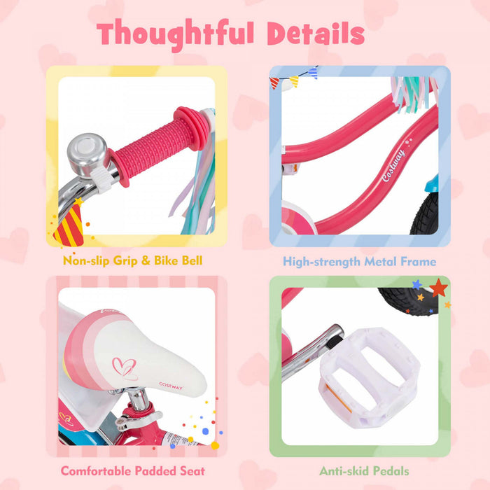 Costway 14 Pouces Enfants Velo Avec Panier Poupee Siege & Streamers Colores 2 Roues D'entrainement Rose