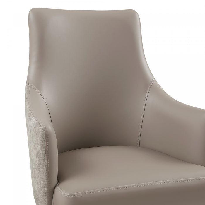 Fauteuil moderne Connie en bois, cuir vegetalien et velours taupe