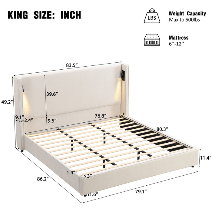 Lit Olivia Rembourre avec Tete de Lit Ailes et Ports USB, Taille King - Beige