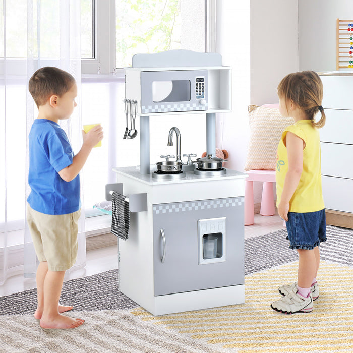 Jeu De Cuisine Pour Enfants Double-face, Ensemble De Jeu De Role 2-en-1 Avec Accessoires, Cuisiniere Et Evier, Distributeur De Glace, Jeu De Cuisine En Bois Pour Role-play, Pour Garcons Et Filles De 3 Ans Et Plus, Blanc