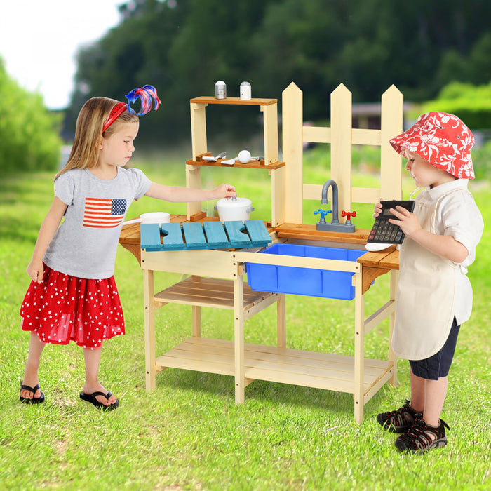 Cuisine Enfants En Bois A L'exterieur, Jeu D'imitation Avec Robinet Et Bassin, Ideal Pour Garcons Filles De Plus De 3 Ans Dans Terrasse, Jardin, Cour, Salon, 109x38x100 Cm