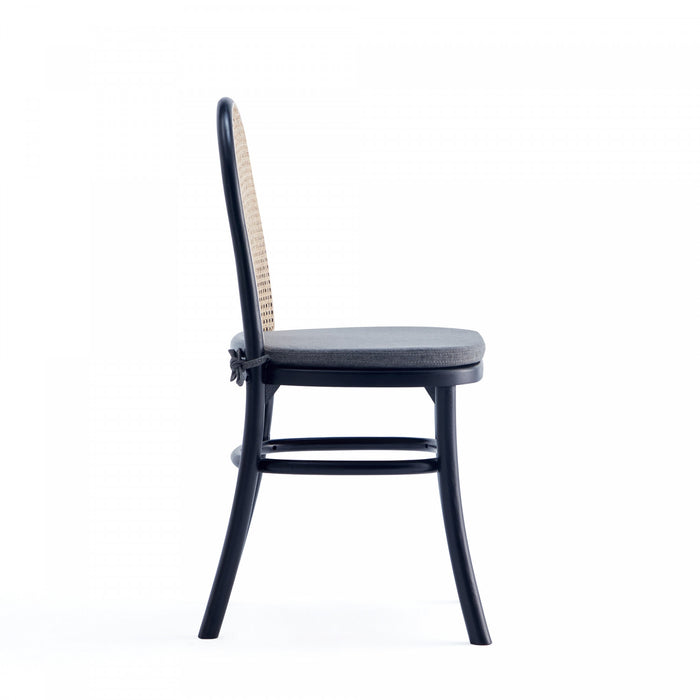 Chaise de salle a manger Paragon Industry Chic avec dossier en cannage, bois et assise rembourree, noir et gris - Lot de 4