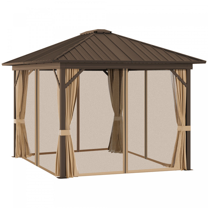 Outsunny 10' X 12' Tonnelle Exterieur A Toit Rigide Gazebo De Terrasse En Toit En Metal Avec Cadre En Aluminium, Filets En Maille, Rideaux, Et Espace Interieur Spacieux, Marron
