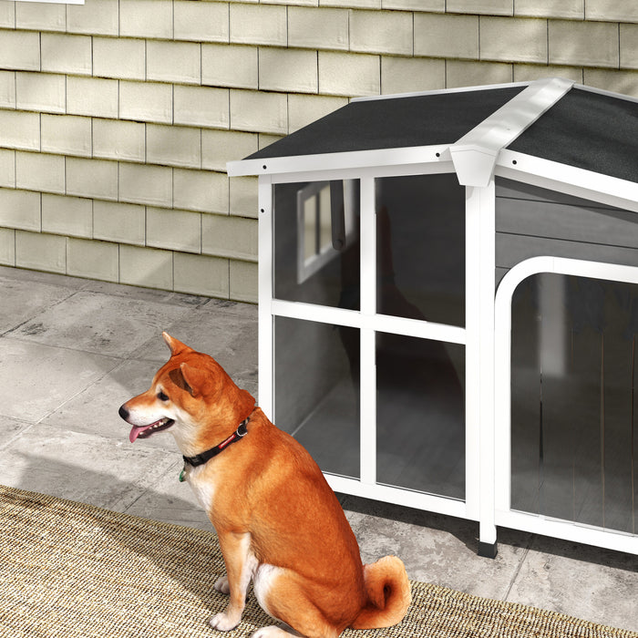 Pawhut Maison De Chien En Bois Pour L'exterieur Fond Amovible Niche Surelevee De Style Cabane Toit En Asphalte Ouvrable, Rideau De Porte, Fenetres Laterales Pour Chien De Grande Taille, Gris Fonce