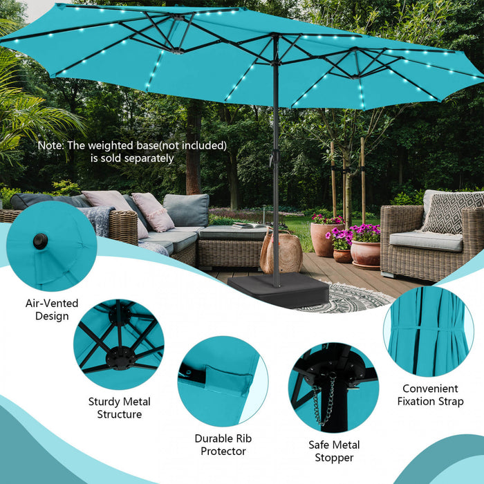Costway Parasol double face jumeau de patio de 15 pieds avec 48 lumieres LED solaires et manivelle turquoise