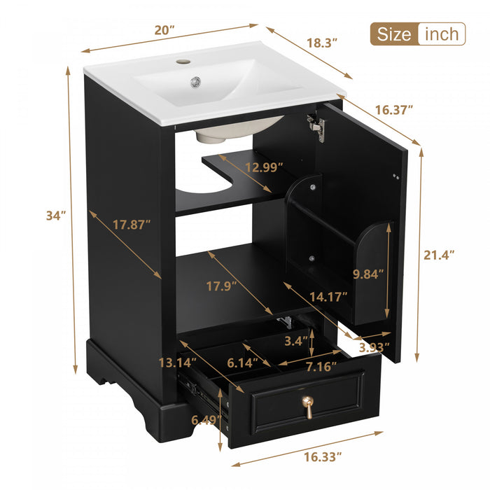 Meuble de salle de bain compact moderne Harper 20 pouces avec lavabo ceramique, noir