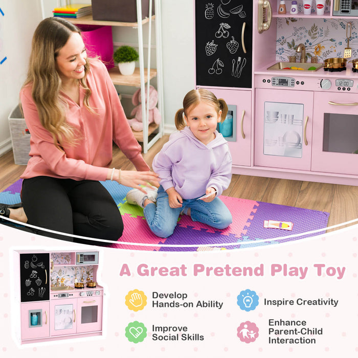Costway Kid's Pretend Play Kitchen Toddler Kitchen Playset Avec Blackboard Rose Clair