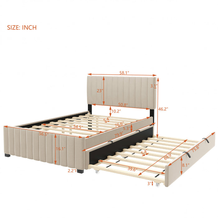 Lit plateforme Ethan rembourre en velours, gain de place, avec tiroir gigogne, taille full, beige