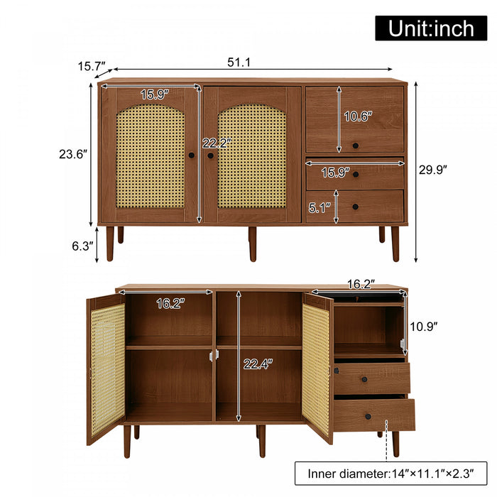 Zona 51.1\" Buffet avec Portes en Rattan et Etageres Ajustables, Marron Fonce