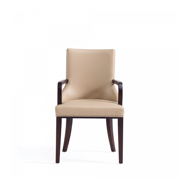 Fauteuil moderne Shubert en bois, cuir vegetalien et velours, coloris beige - Lot de 2