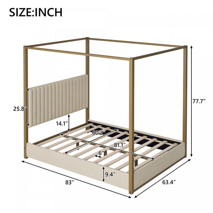 Lit plateforme Sophia a baldaquin avec tete de lit en mousse et velours, taille queen, beige
