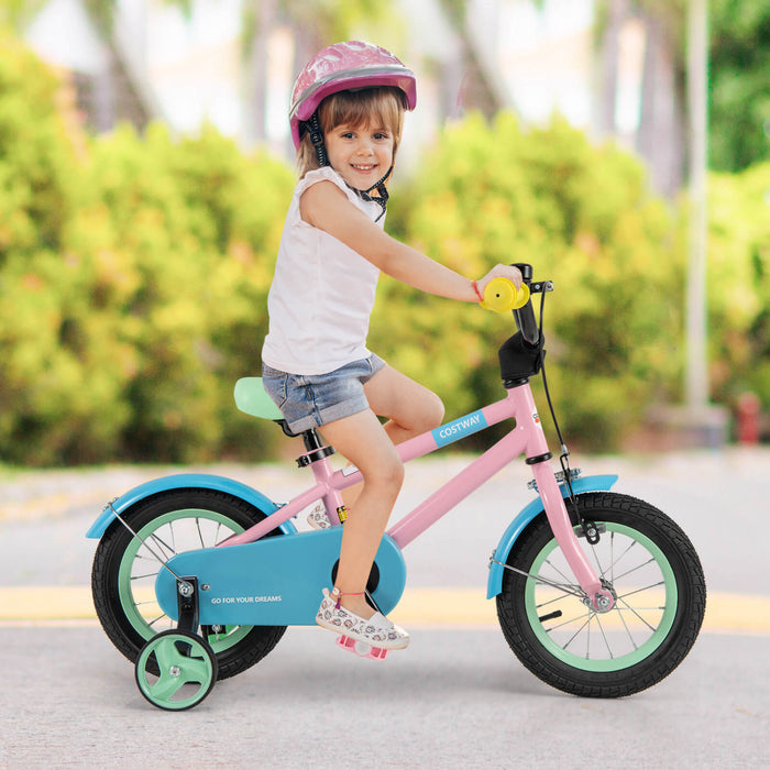 Costway 12\" Velo Pour Enfants Avec Guidon Reglable De Selle Roues D'entrainement Amovibles Frein A Main Rose