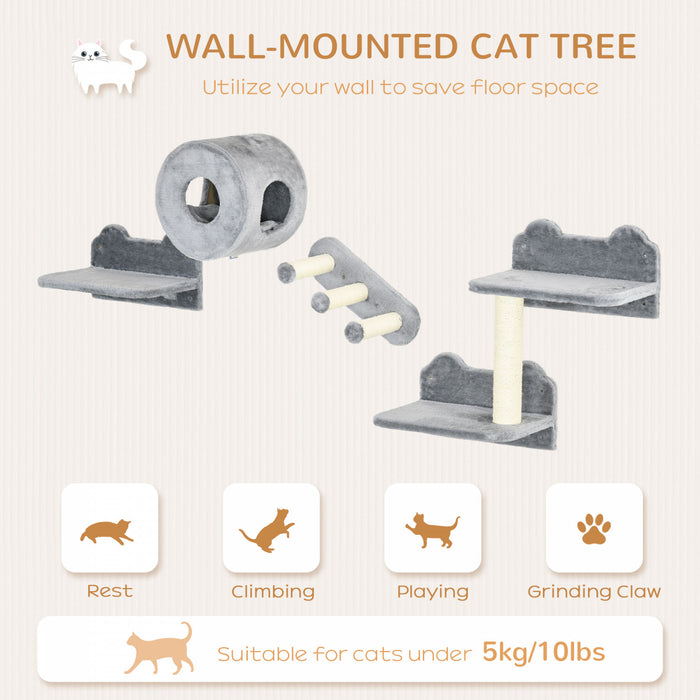 Pawhut Etageres Murales Pour Chats 4pcs, Ensemble D'etageres D'escalade Murales Pour Animaux De Compagnie, Centre D'activites Pour Chatons Avec Condo, Coussin, Griffoir, Plate-forme De Saut, Gris