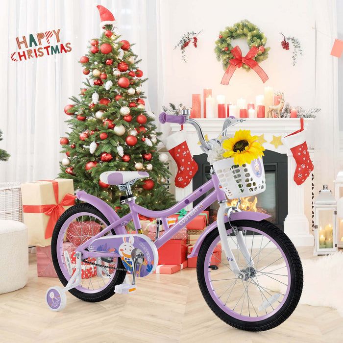 Costway 18\" Velo Fille Avec Panier Roues D'entrainement Amovibles Frein A Main De Siege Reglable Frein De Montagne Violet