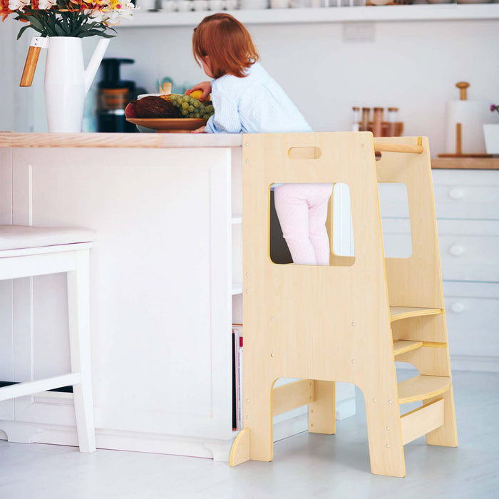 Tabouret D'etape De Cuisine Costway Pour Tout-petit Enfant Avec Tableau A Bois D'activite Reglable En Hauteur Et Rail De Securite Beige