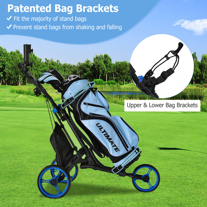 Chariot De Golf Pliable A 3 Roues, 4 Positions De Hauteur Reglables, Chariot De Golf Leger, Chariot De Golf En Aluminium Avec Porte-ombrelle Reglable, Sac Etanche, Glaciere Integree, Frein A Pied, Ouverture Et Fermeture Rapides.