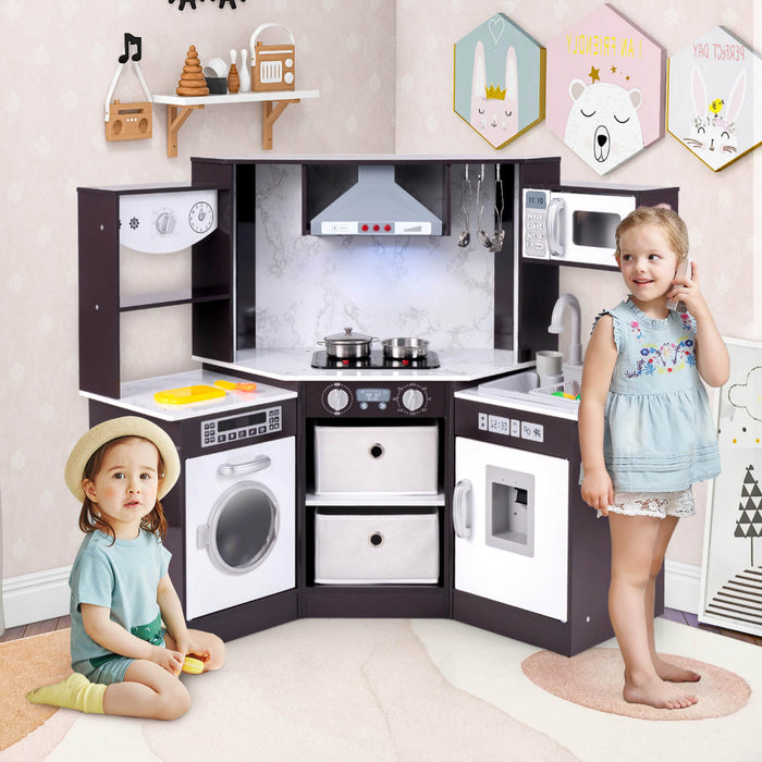 Costway Bois Enfants Jouer Coin Cuisine Avec Des Lumieres Realistes Et Des Sons Eclaires Gamme Capuchon Marron