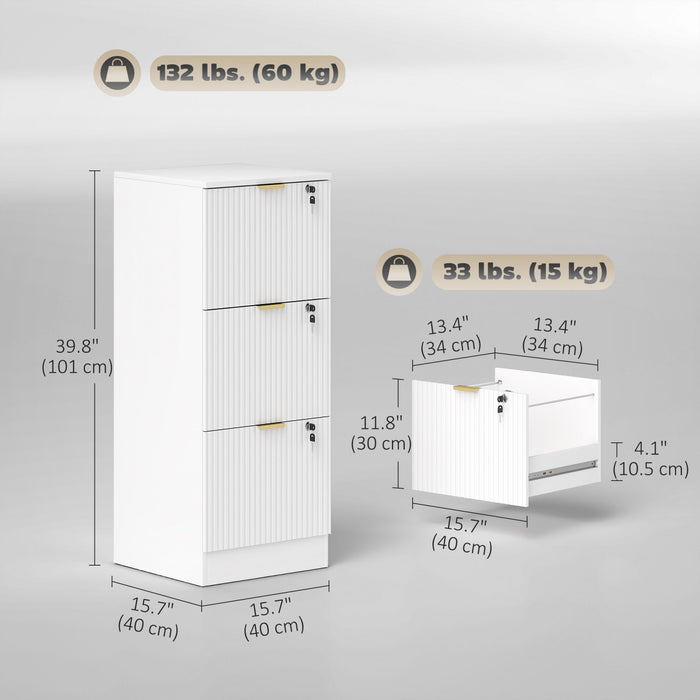 HOMCOM Classeur vertical cannele a 3 tiroirs avec serrure, blanc