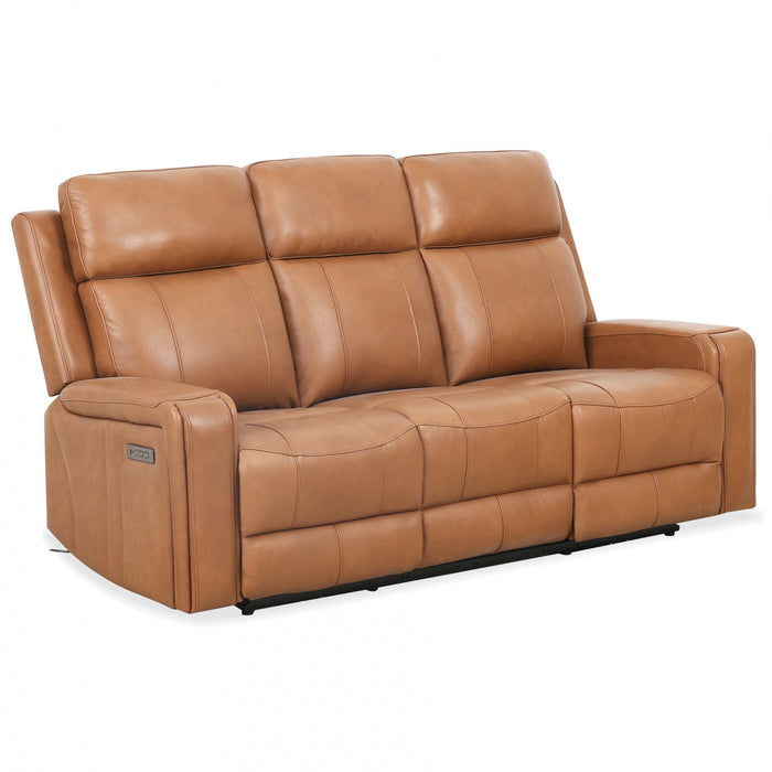 Sofa inclinable electrique Bellamy de 78 po en cuir assorti avec appuie-tete ajustable et USB - Cognac