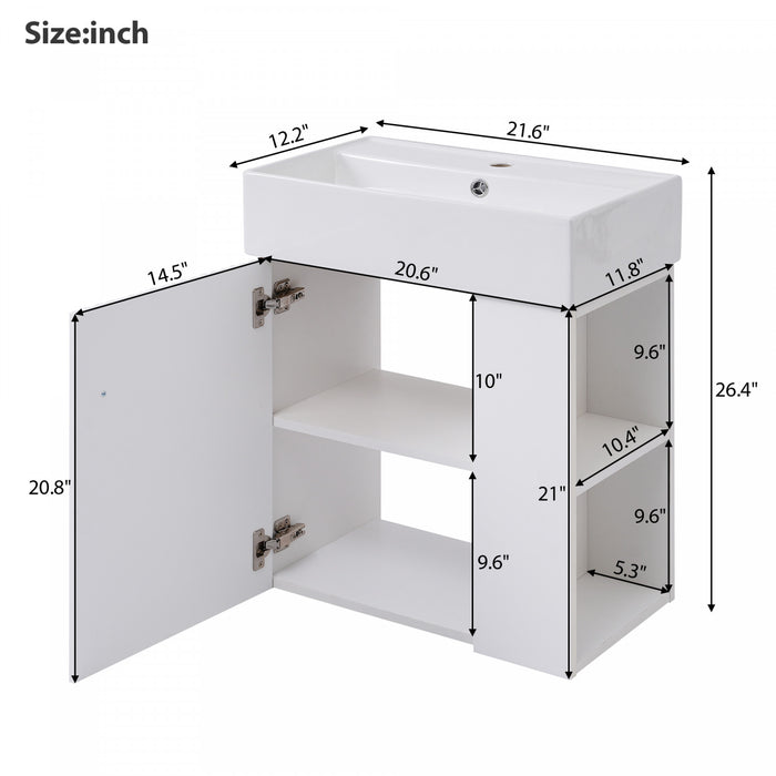 Rachel Meuble-lavabo Flottant De Salle De Bain 21,6\" Avec Vasque En Ceramique, Porte A Fermeture Douce Et Rangement Cote Droit