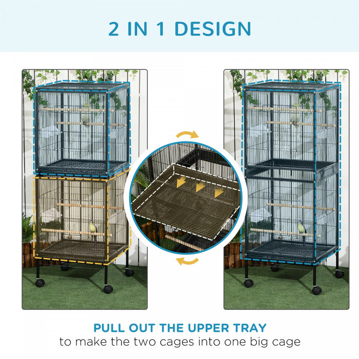 Pawhut 55.1\" 2 En 1 Cage A Oiseaux Voliere Perruche Maison Pour Pinsons, Perruches Avec Roues, Plateaux Coulissants, Perchoir En Bois, Recipients Alimentaires, Noir