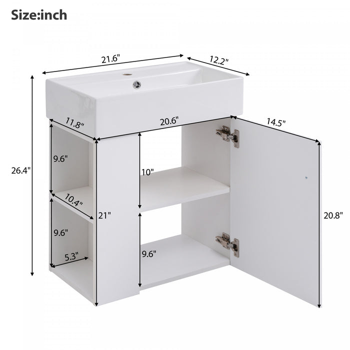 Rachel Meuble-lavabo Flottant 21,6\" Avec Vasque En Ceramique, Porte A Fermeture Douce Et Rangement A Gauche