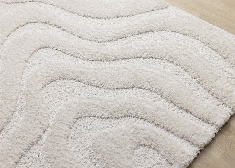 Carpette moderne, luxueuse et moelleuse Lincoln blanche à motif de courbes - 5 pi 3 po x 7 pi 7 po