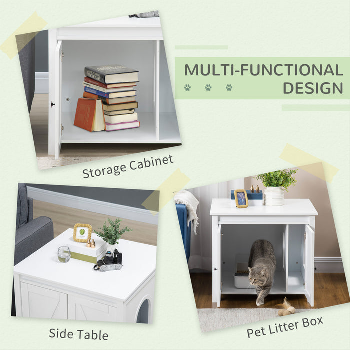 Pawhut Boite A Litiere Pour Chat Avec Dessus Ouvrable, Table D'appoint Pour Le Rangement De La Toilette Du Chat Avec Deux Portes, Poignees En Alliage De Zinc, Pour L'interieur, Blanc