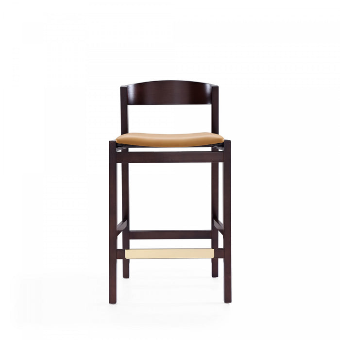 Tabouret de comptoir en bois rembourre style Klismos mi-siecle moderne couleur camel - Lot de 3
