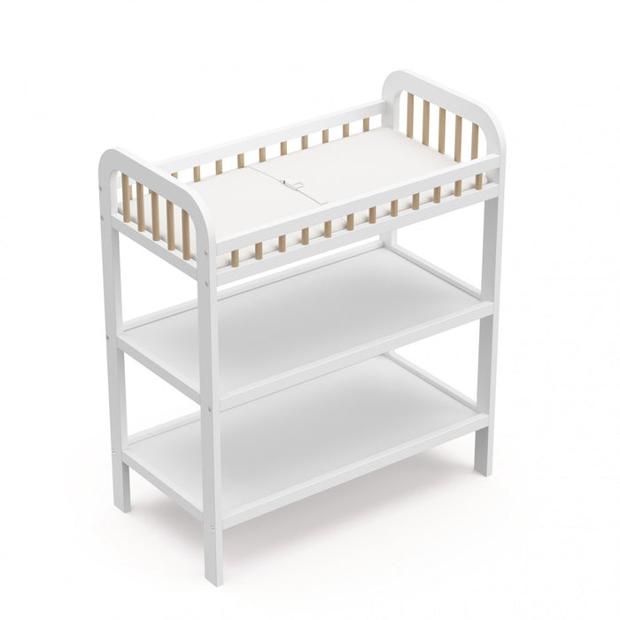 Table a langer Storkcraft Pasadena avec matelas a langer resistant a l’eau – Blanc/Bois flotte