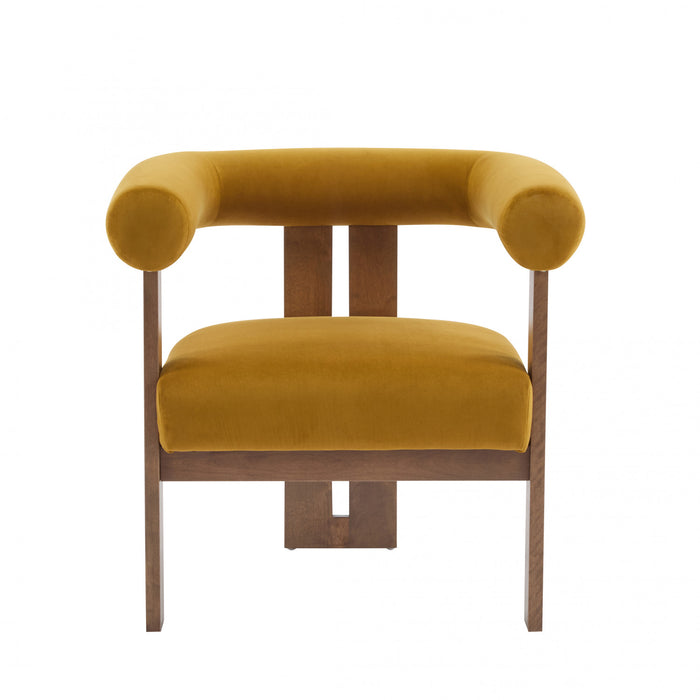 Crest Fauteuil d'Appoint Moderne a Accoudoirs Ronds et Pieds Triangulaires, Jaune Moutarde, Noyer