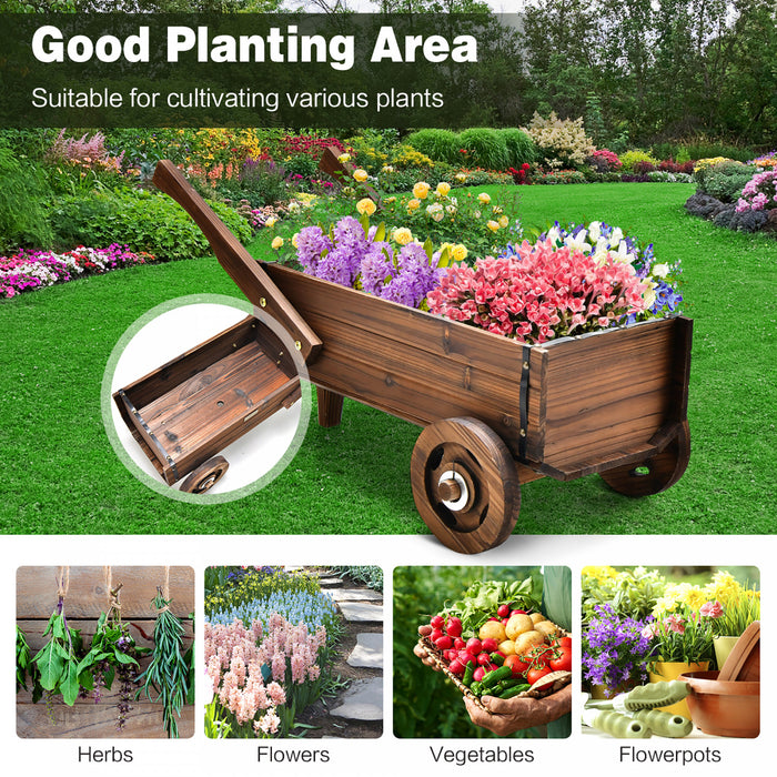 Jardiniere En Bois En Forme De Brouette, Chariot Decoratif Avec Roues, Poignees, Trou De Drainage, Support De Pot De Fleurs, Pot De Fleurs Rustique, Interieur Et Exterieur, Jardin, Terrasse, Balcon, Style Brouette