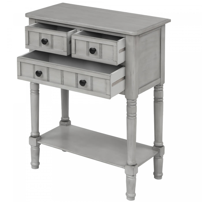 Table Console Olivia En Bois Massif Avec Tiroirs Et Etagere Inferieure - Gris